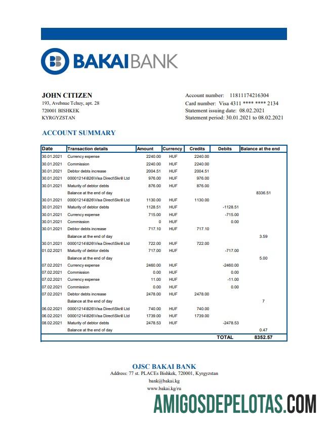Extrato bancário do Quirguistão OJSC Bakai para download, modelo fácil de preencher em formato Excel e PDF